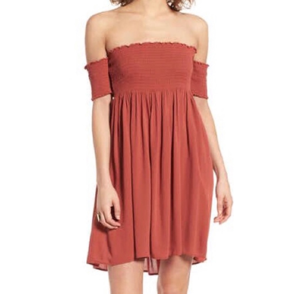 Sun and Shadow Orange Off the Shoulder Dress